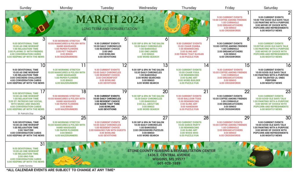 Resident calendar March 2024